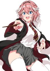 1girls asanaya blue_eyes garter_straps hi_res hogwarts_school_uniform holding_object hololive hololive_japan holox legwear looking_at_viewer nail_polish pink_hair pleated_skirt short_hair simple_background takane_lui thighhighs thighs virtual_youtuber wand white_background white_legwear