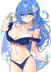 1girls big_breasts bikini blue_eyes blue_hair character_request cleavage cu-no female female_only flower hisen_kaede kohitsuji_ai nail_polish original solo white_background