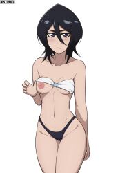 1girls bare_shoulders bikini bikini_bottom bikini_lift bikini_top bikini_top_lift black_hair bleach breasts curvaceous feet_out_of_frame female female_only kuchiki_rukia legs_together lifted_by_self looking_at_viewer midriff mistowing one_breast_out petite petite_body pinup purple_eyes small_breasts smaller_female solo solo_focus standing strapless strapless_bikini strapless_swimsuit swimsuit wide_hips