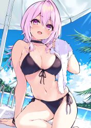 1girls black_panties character_request choker cu-no hisen_kaede large_breasts original pink_eyes pink_hair pool sakura_yayoi swimsuit towel water wet