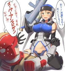 belly_button big_ass big_breasts blonde_hair earth_defense_force earth_defense_force_5 female_on_top holding_hand holding_out_hand interlocked_fingers maku_ro male_on_bottom rangers_(edf) skimpy_clothes smiling_at_partner straddling thighhighs tight_clothing trigger_discipline weapon wing_diver worried