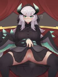 black_dress black_thighhighs blush cameltoe censored chamber_dragonmaid clothes_lift couch dragon_girl dragon_horns dragon_wings dress dress_lift duel_monster female female_pubic_hair flying_sweatdrops green_eyes horns lifted_by_self long_hair looking_at_viewer mosaic_censoring no_panties on_couch pubic_hair sitting solo spread_legs thighhighs white_hair white_pubic_hair wings yonaga_san yu-gi-oh!