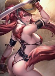 aqua_eyes ass ass_cleavage azhang belt bikini black_gloves blue_eyes breasts butt_crack closed_mouth clothing cowboy_hat dual_wielding female female_ass female_only fur_trim gloves hat headwear high_resolution holding holding_sword holding_weapon kagura_(oneechanbara) katana large_breasts lips long_hair looking_at_viewer looking_back looking_to_the_side oneechanbara pink_eyebrows pink_hair red_bikini red_lips red_swimsuit sideboob simple_background solo swimsuit sword thighs tied_hair twintails very_high_resolution weapon