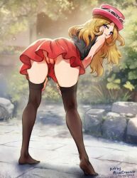 1girls black_legwear blonde_hair blue_eyes clothing eyebrows_visible_through_hair female female_only hat human human_only legwear long_hair looking_back minacream no_panties outdoors pokemon pokemon_xy pussy serena_(pokemon) serena_(pokemon_games) shirt skirt solo solo_female tagme thighhighs upside-down