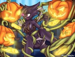 2018 alternate_version_at_source anthro anus areola aria_(killalotus119) biped black_body black_hair breasts chest_tuft claws clitoris clothing clothing_aside costume erection eyebrows female female_focus fist genitals glans glowing glowing_eyes glowing_genitalia glowing_penis group hair halloween haunter hi_res holidays humanoid_genitalia humanoid_penis imminent_rape jack-o'-lantern looking_at_another lying machinewithsoul mostly_nude navel night nintendo nipples on_back open_mouth panties panties_aside pawpads penis pink_eyes plant plant_tentacles plantigrade pokemon pubes pussy short_hair short_tail solo_focus tail toe_claws topwear torn_clothing tube_top tuft underwear underwear_aside white_clothing white_panties white_underwear yellow_penis