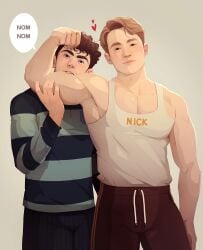 2boys biceps big_arms biting black_hair blushing boyfriends charlie_spring couple gay hearts heartstopper joe_locke kit_connor male male_only muscles muscular muscular_male nerdyart nick_nelson no_visible_genitalia red_ears red_hair size_difference sweatpants undershirt white_body yaoi