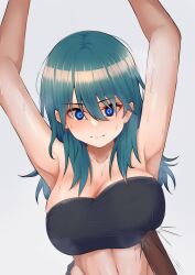 1girls armpits arms_up blue_eyes blue_hair breasts byleth_(fire_emblem) byleth_(fire_emblem)_(female) cleavage commentary_request female female_only fire_emblem fire_emblem:_three_houses grey_background highres large_breasts long_hair midriff navel nintendo shutchi simple_background solo stomach strapless tube_top upper_body