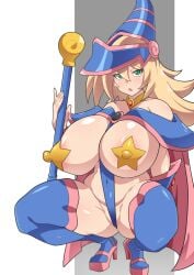 blonde_hair blue_stockings blush cleavage dark_magician_girl dd_(artist) female_only footwear green_eyes hair_between_eyes huge_breasts long_hair mono_sling nipple_bulge pasties pink_high_heels solo_focus spread_legs squatting star_pasties thick_thighs thighhighs thighs uncensored wide_hips witch witch_hat yu-gi-oh! yu-gi-oh!_duel_monsters