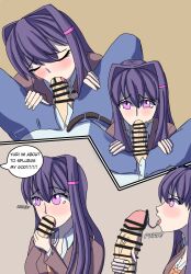 1boy 1girls belt big_breasts big_penis blowjob blush both_eyes_closed closed_eyes clothing cock_in_mouth comic comic_page cum cum_in_mouth dialogue disembodied_penis doki_doki_literature_club english_text eyes_closed fellatio female_focus grabbing_penis hair_intakes hairclip licking_penis long_hair mc_(doki_doki_literature_club!) moritaris oral pants penis penis_in_mouth purple_eyes purple_hair school_uniform schoolgirl slurp slurping smile speech_bubble sucking sucking_penis text text_bubble tongue yuri_(doki_doki_literature_club)