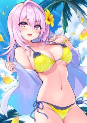 1girls character_request cu-no flower hisen_kaede large_breasts original pink_eyes pink_hair sakura_yayoi swimsuit tree yellow_swimsuit