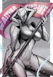 1girls ass breasts curvy curvy_figure english_text femloki ganeta2_yktako holding_object large_ass loki_(warframe) medium_breasts robot robot_girl solo solo_female thick_thighs thighs warframe