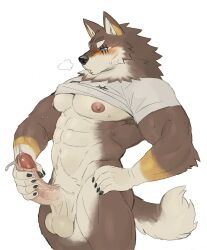 2023 abs anthro armpit_hair balls barazoku big_balls big_muscles big_penis blush bodily_fluids body_hair bottomless bottomless_anthro bottomless_male breath canid canine canis claws clothed clothing erection fur genital_fluids genitals hand_on_hip hi_res humanoid_genitalia humanoid_penis male mammal masturbation muscular muscular_anthro muscular_male narrowed_eyes navel nipples obliques ogami_aratsuka pecs penile penile_masturbation penis precum raised_clothing raised_shirt raised_topwear rossciaco scar shirt simple_background solo standing sweat topwear tuft vein virtual_youtuber vtuber white_background wolf youtuber