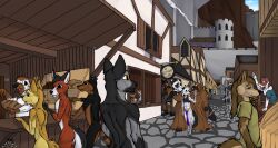 absurd_res ajizza_(artist) animal_genitalia anthro bread cadras cadras_city cadrian canid canine castle city cuntboy food fox fruit furkin furkind genitals group harem harem_outfit hi_res intersex kizzneth_(character) male mammal nude plant pussy renaleth scenery sheath vidrian_guard