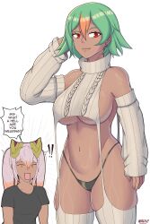 2girls black_panties breasts dark-skinned_female dark_skin english_text female female_only fire_emblem fire_emblem_heroes green_hair laegjarn_(fire_emblem) laevatein_(fire_emblem) large_breasts multicolored_hair nahusmash nintendo orange_hair panties pink_hair red_eyes sideboob sisters text thighs twintails underboob underwear virgin_destroyer_sweater