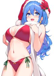 1girls blue_eyes blue_hair character_request cu-no earrings hisen_kaede kohitsuji_ai large_breasts original santa_bikini santa_hat scarf