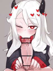 big_penis blowjob blowjob_face censor_bar censored clothed clothed_sex demon demon_girl demon_horns heart-shaped_pupils helltaker horned_female light-skinned_female light_skin looking_at_viewer menyang modeus_(helltaker) my700 oral oral_sex penis pov red_eyes veiny_penis white_hair