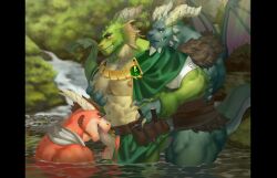 2020 3boys 4_fingers abs activision anthro belt big_muscles blue_body blue_scales blush bubba_(spyro) claws clothed clothing creek delbin_(spyro) digital_media_(artwork) dragon fellatio fingers forest forest_background fur_clothing gangbang gay green_body green_cape green_clothing green_scales group group_sex hands_on_legs hands_on_thighs horn male male/male muscular nature nature_background nestor_(spyro) nipple_fetish nipple_pinch nipple_play oral outside partially_clothed pec_grab pecs penile pinch plant raccoon21 red_body red_scales scales scalie sex spyro_reignited_trilogy spyro_the_dragon tool_belt tree trio water waterfall wings