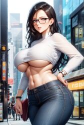 1girls 2023 ai_generated ai_hands black_hair clothed_female curvy_female curvy_figure denim_jeans glasses huge_breasts long_hair mature_female milf stable_diffusion