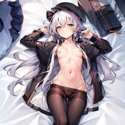 1girls ai_generated altina_orion bed belly belly_button blush breasts eiyuu_densetsu exposed_breasts green_eyes half-dressed hat imminent_sex long_hair looking_at_viewer midriff nipples open_clothes open_jacket pantyhose petite school_uniform silver_hair small_breasts smaller_female stomach thigh_gap tights trails-ai trails_of_cold_steel undressing vulnerable white_hair young