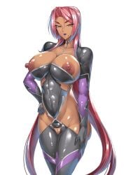 1girls bodysuit breasts breasts_out brown_skin crotchless_clothes dark-skinned_female dark_skin female huge_breasts ingrid_(taimanin_asagi) ky. long_hair pink_hair pussy taimanin_(series) taimanin_asagi thick_thighs useless_clothing voluptuous wide_hips yellow_eyes