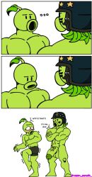 ... 2boys dialogue dick english_dialogue english_text gatling_pea_(pvz) gay helmet male male_only mega_gatling_pea_(pvz) pea_(food) peashooter_(pvz) penis plantie plants_vs_zombies surprised tagme_(artist) text uncensored underwear