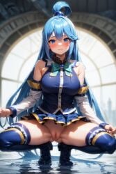 1girls ai_generated aqua_(konosuba) blue_eyes blue_hair embarrassed female female_only katakage kono_subarashii_sekai_ni_shukufuku_wo! pussy pussy_juice solo squatting stable_diffusion thighhighs upskirt