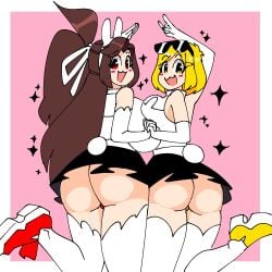 2girls ass_focus big_breasts brown_hair bunny_ears bunny_tail female female_only hakkim_animation mikkah_(hakkim_animation) misha_(hakkim_animation) posing_for_the_viewer red_eyes short_skirt stockings sunglasses_on_head tied_hair yellow_eyes yellow_hair