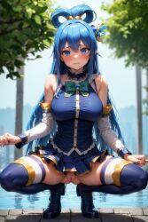 1girls ai_generated aqua_(konosuba) blue_eyes blue_hair embarrassed female female_only katakage kono_subarashii_sekai_ni_shukufuku_wo! pussy pussy_juice solo squatting stable_diffusion thighhighs upskirt