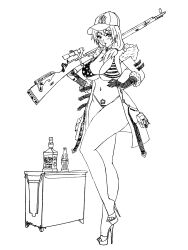 american_flag_bikini baseball_cap chewing_gum coat coke-bottle_glasses collar girls'_frontline gun high_heel_sandals large_breasts liquor_bottle monochrome mosin-nagant_(girls'_frontline) national_personification side_ponytail thick_thighs wide_hips