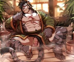 abs anthro bathrobe bathroom claws clothing drks feet felid genitals hi_res male mammal muscular muscular_anthro muscular_male pantherine part pawpads pecs penis robe scar sdorica solo spread_toes striped_body stripes tiger toe_claws toes vein veiny_penis yao_(sdorica) yellow_eyes