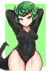 1girls arms_behind_back arms_up clothed clothed_female female female_only green_eyes green_hair looking_at_viewer mikan_(artist) one-punch_man short_hair solo tatsumaki variant