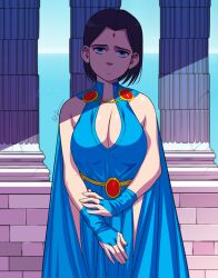 1girls big_breasts blue_clothing blue_eyes blue_outfit breasts cleavage cleavage_cutout dc dc_comics female female_only frown frowning frowning_at_viewer fully_clothed grey_skin jewelry large_breasts looking_at_viewer pillar pillars purple_hair rachel_roth raven_(dc) sad short_hair solo solo_female solo_focus teen_titans thighs tired tired_eyes triplexmile unsure