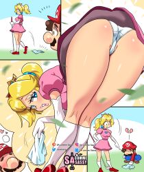 1boy 1girls ass bent_over blonde_hair blue_eyes comic dress female female_focus hi_res long_hair looking_at_viewer male mario mario_(series) mario_golf nintendo outdoors panties pink_dress ponytail princess_peach sasatseng short_dress smiling smiling_at_viewer thick_thighs