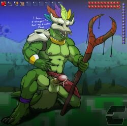 2023 abs anthro areola balls bara biceps biped bodily_fluids bone bottomwear bottomwear_aside clothing clothing_aside dialogue digital_media_(artwork) english_text erection eye_of_cthulhu eye_of_cthulhu_(terraria) feathers foreskin gay genital_fluids genitals glans green_body green_skin gui hi_res holding_object holding_weapon humanoid_genitalia humanoid_penis lihzahrd lizard lizard_humanoid lizardman loincloth loincloth_aside male mask muscle muscles muscular muscular_anthro muscular_male muscular_thighs navel nega_threuy nipples non-mammal_balls non-mammal_nipples on_one_leg open_mouth pecs penis precum quads reptile retracted_foreskin scalie skull skull_mask solo solo_male standing talking_to_viewer teeth terraria text thick_thighs throbbing_penis tongue veiny_penis weapon witch_doctor_(terraria)