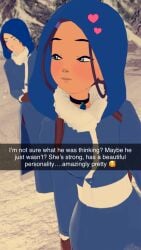 avatar_the_last_airbender blue_eyes breakwater_ridge comic dialogue filming infatuation katara pov selfie snapchat snow suki talking_to_viewer