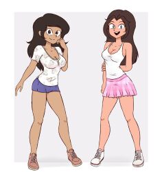 2girls adventures alternate_version_available anna_vallejo breasts brown_hair cleavage drawsoyeah elizabeth_monaco female female_only latina skirts tank_top teenager tight_shorts