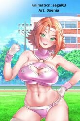 1girls abs animated breasts cleavage female fingerless_gloves gloves green_eyes gym_uniform headband heart_cleavage_cutout high_resolution huge_breasts looking_at_viewer nora_valkyrie orange_hair oxenia rwby segal03 smile tagme thighhighs very_high_resolution video wristband