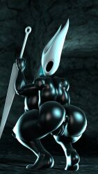 1girls 3d anus areolae ass barefoot big_ass big_breasts black_body black_hair breasts busty cave completely_nude completely_nude_female criax curvy female female_only full_body holding_weapon hollow_knight hornet_(hollow_knight) hourglass_figure looking_at_viewer looking_back naked naked_female nipples nude nude_female pussy solo solo_female squatting voluptuous weapon