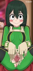 1girls anus exposed_pussy fenqury gloves hero_outfit_(mha) looking_at_viewer my_hero_academia presenting presenting_pussy pussy pussy_juice solo spread_legs spread_pussy spreading tight_clothing torn_clothes tsuyu_asui uncensored vagina