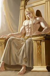 1boy abs bishonen blonde_hair braid braided_hair demigod elden_ring femboy fromsoftware godwyn_the_golden long_hair_male looking_at_viewer male male_only muscular muscular_male niore pretty_boy skirt throne throne_room topless topless_male