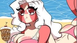 1girls ass back beach big_breasts big_eyes bikini breasts canada_(countryhumans) cleavage countryhumans countryhumans_girl drinking_straw eyelashes female female_only huge_areolae large_areolae legs lips long_hair looking_at_viewer lying milkshake mimmy-chan mouth_hold on_stomach pink_bikini pink_nipples red_eyes solo sparkling_eyes wavy_hair white_hair