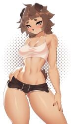 1girls absurd_res blush brown_eyes brown_hair cleavage dog_ears dog_girl female female_only looking_at_viewer mimi_(typh) minishorts shorts smiling smiling_at_viewer solo tank_top thick_thighs typh weelzelu