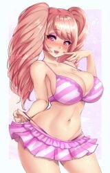 almost_naked belly_button big_breasts blush candace_crush eyelashes female female_only freckles hourglass_figure huniepop meltyvixen pink_bra pink_hair pink_lipstick thick_thighs white_skin