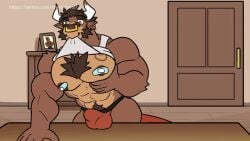 2boys abs animated anthro bara bovine bulge clothed dad dad_and_son daddy father_and_son furry gay incest muscles muscular_male omyurice pecs son tagme