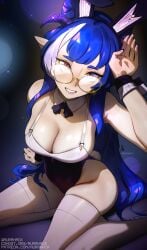 1girls aurahack big_breasts blue_hair breasts bunny_ears bunny_girl bunnysuit character_request cleavage detached_collar female female_only glasses heterochromia horns large_breasts leotard long_hair round_glasses skindentation solo thick_thighs thighhighs