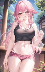 ai_generated akariaigen alternative_costume animal_ears breasts cleavage clothing cloud crop_top crystal earrings exposed_shoulders female female_only flower fox_ears gem genshin_impact hair_ornament high_resolution jewelry large_filesize leaf long_hair midriff navel pink_hair pixiv shirt shorts sky solo straight_hair sunbeam sunlight useless_tags very_high_resolution yae_miko