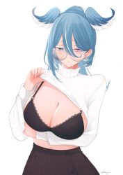 1girls big_breasts black_bra bra cleavage elira_pendora elira_pendora_(3rd_costume) frilled_shirt frilled_turtleneck glasses hair_between_eyes hair_wings head_wings heterochromia hi_res highres large_breasts lifting_shirt long_sleeves mole mole_on_breast nijisanji nijisanji_en parkiranhonda ponytail round_glasses shirt_lift shirt_up showing_breasts showing_off solo solo_female solo_focus underwear virtual_youtuber white_background