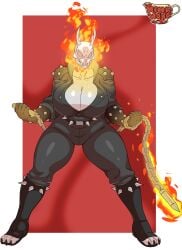 1girls big_breasts biker_clothes biker_jacket boots breasts_bigger_than_head busty chains cleavage clothing creamygravy female female_focus female_only fire flames ghost_rider horn horns huge_breasts humanoid large_breasts leather leather_jacket light-skinned_female light_skin looking_at_viewer male_character_(cosplay) marvel marvel_comics skull skull_head solo solo_female solo_focus thick thick_thighs thighs voluptuous voluptuous_female watermark wide_hips