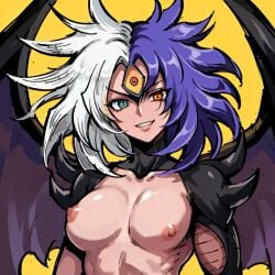 1other 3_eyes ai_generated breasts demon demon_girl demon_wings different_eye_color duel_spirit heterochromia leukocrisp medium_breasts messy_hair multi_eye multicolored_hair nipples solo spiked_hair yu-gi-oh! yu-gi-oh!_gx yubel