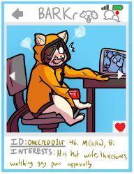 anthro balls blazblue blush caught clothing computer dating_app dating_profile domestic_cat embarrassed english_text eye_patch eyewear felid feline felis genitals hi_res hoodie jubei_(blazblue) kayadult looking_at_porn male male/male male_only mammal masturbation mature_male penis pornography solo text topwear